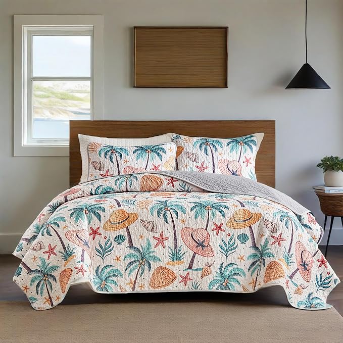 Coastal Tropical Quilt Set Queen 3 Pcs Beach Palm Tree Seashell Bedspread Comforter Soft Lightweight Microfiber Bedding Set with 2 Pillow Shams for All Season (New-Coconut Tree, Queen)