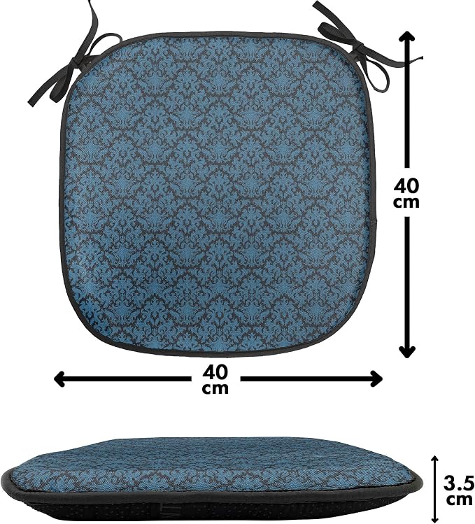Lunarable Damask Blue Chair Seating Cushion Set of 6, Repetition with Rococo Inspired Royal Style Ornamental Pattern, Anti-Slip Seat Padding for Kitchen & Patio, 16"x16", Dark Grey and Turquoise