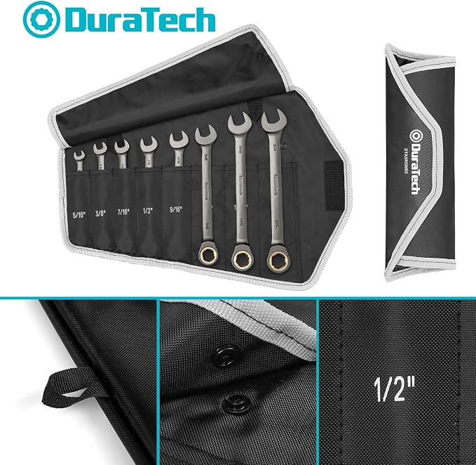 DURATECH 10-Piece Anti-Slip Ratcheting Wrench Set, SAE 5/16" - 3/4" | Combination Wrench Set, 72-Tooth, Nickel Plating, CR-V Steel, With Pouch