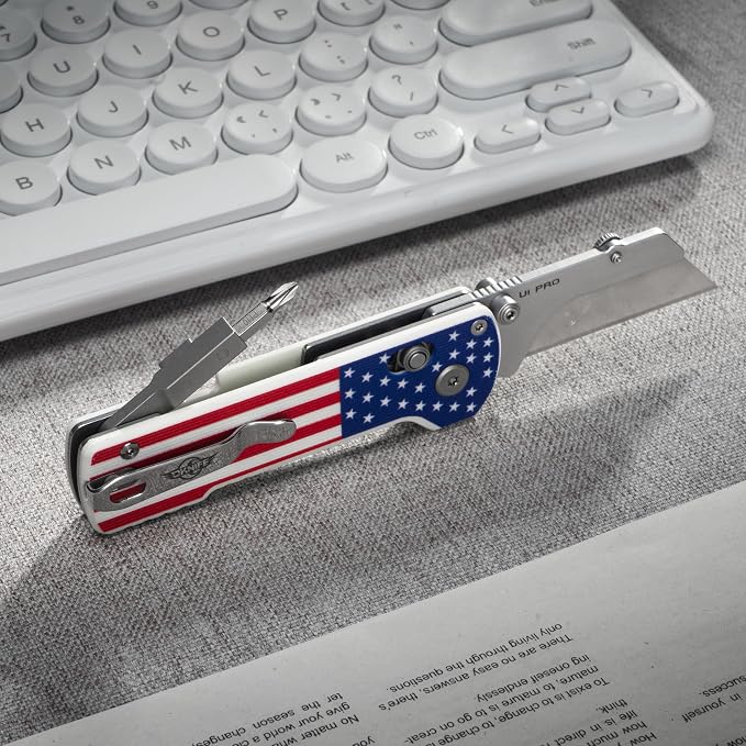 OKNIFE U1 Pro Multitool Folding Utility Knife with Folding Screwdriver, Quick Change Blade, Rail Lock & Pocket Clip for Men Women (Stars & Stripes)