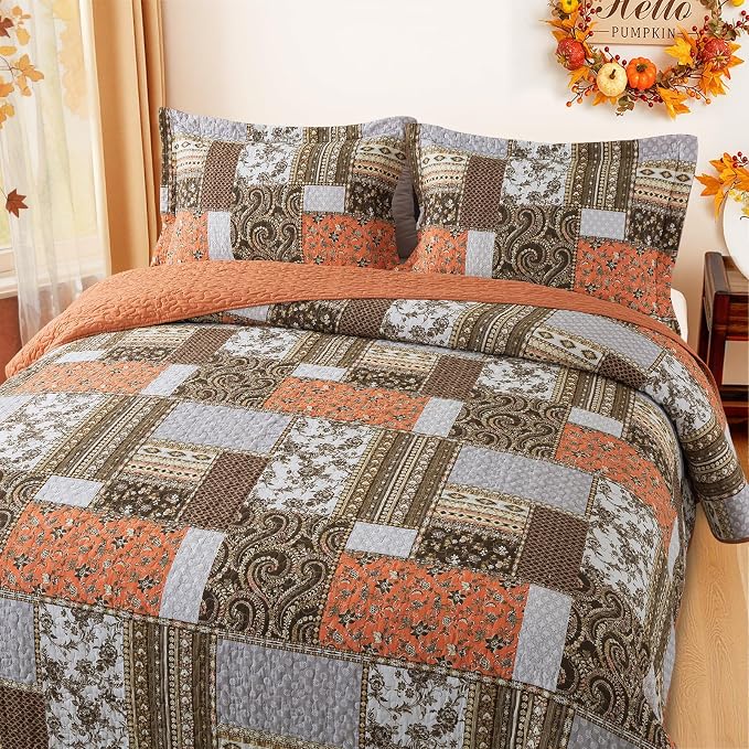 BEDIFANY Cotton Quilts King Size for Farmhouse- Fall Patchwork Bedspread Set - Highly-Woven Soft Reversible King Size Bed Spread for All Seasons (Floral Orange) 3 Pieces