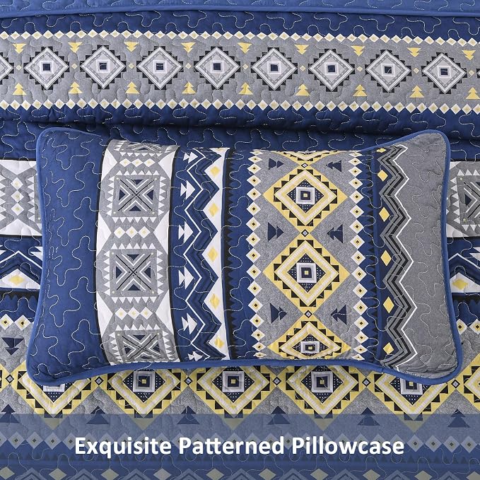 WONGS BEDDING 3 Pieces Quilt Set Queen Size, Navy Blue Quilt Bedspread Lightweight Bohemian Coverlet Set with 2 Pillowcase, Soft Geometry Printed Bedding Set Queen for All Season 96"×90"