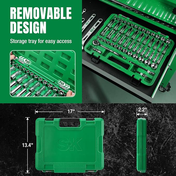 SK 3/8" Drive Socket Set with 216-P Ratchet, SAE & Metric,CR-V Steel | 55-Piece Sockets with Quick-Release Ratchet, SuperKrome Finish, Heat Treated, with Storage Suitcase