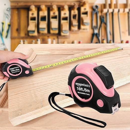 Amazon Basics Retractable Tape Measure with Metric and SAE Measurements, 16ft/5m, Belt Clip, Readable, Pink