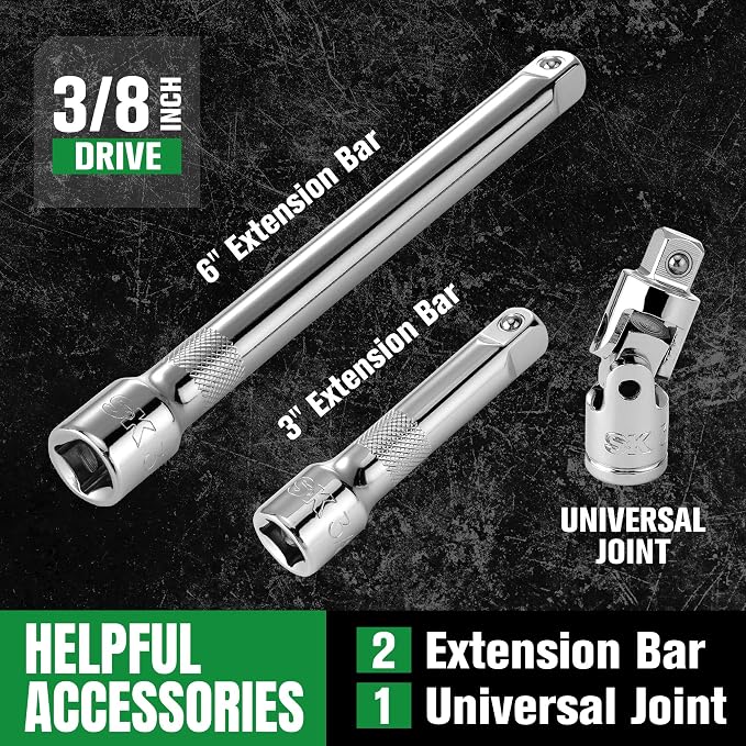 SK 3/8" Drive Socket Set with 216-P Ratchet, SAE & Metric,CR-V Steel | 55-Piece Sockets with Quick-Release Ratchet, SuperKrome Finish, Heat Treated, with Storage Suitcase