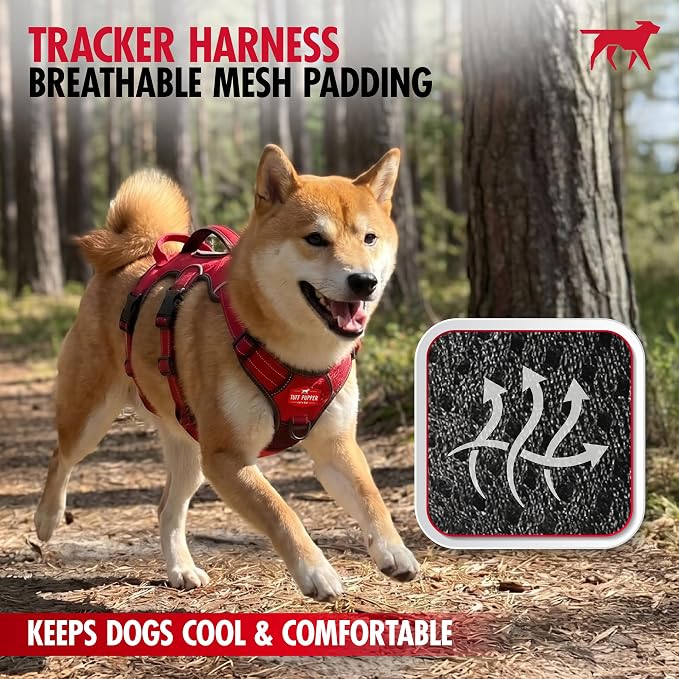 Tuff Pupper Tracker No Escape Dog Harness, Dual Attachment Points, Reflective 3M Stitching, XS - XL, March Red