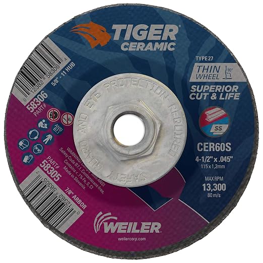 Weiler 58306 4-1/2 Inch Cutting Wheel, Tiger Ceramic Stainless Steel Superior Life & Cut Contaminant Free Max Performance Cutting, .045" CER60S Type 27 5/8"-11 Hub, Pack of 10
