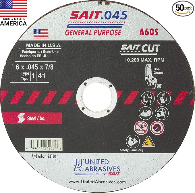 United Abrasives-SAIT 23106 A60S General Purpose Cut-Off Wheels (Type 1/Type 41 Flat) 6" x .045"x 7/8", 50-Pack