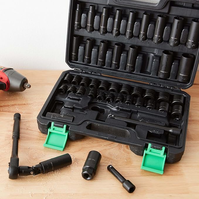 Amazon Basics 46-Piece 3/8-Inch Drive Socket Set with 6 & 12 Point Sockets, 72 Teeth Ratchet, SAE & Metric Sizes, Extension Bars, Universal Joint, Carrying Case (Pack of 2)