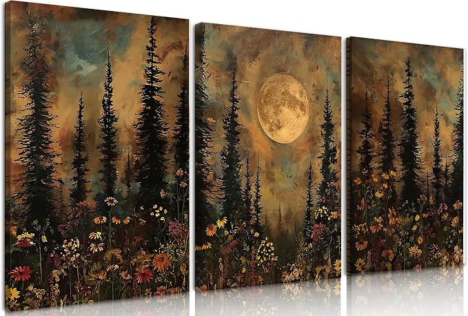 Frimeeme Vintage Moon Forest Wall Art Set of 3,Canvas Print Set Wildflower Pine Trees Rustic Nature Decor for Farmhouse Bedroom Living Room Aesthetic, 12x16 inches