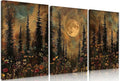 Frimeeme Vintage Moon Forest Wall Art Set of 3,Canvas Print Set Wildflower Pine Trees Rustic Nature Decor for Farmhouse Bedroom Living Room Aesthetic, 12x16 inches