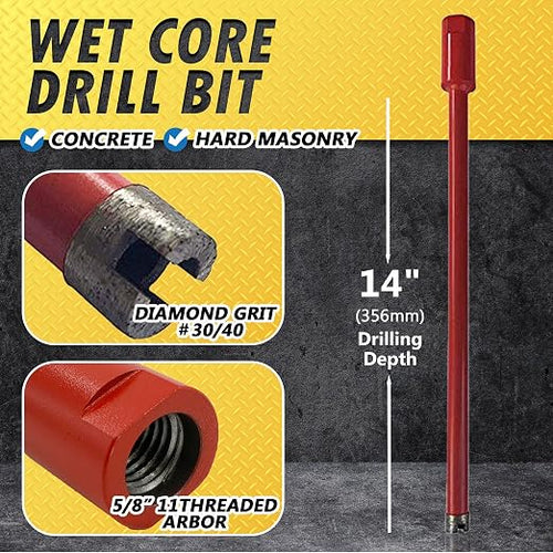 1/2" Wet Drill Core Bits for Concrete and Hard Masonry, Diamond Hole Saw, 12" Drilling Depth, 5/8"-11 Arbor, Wet Only