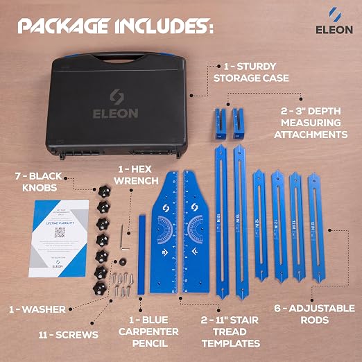 ELEON Stair Tread Template Tool - Aluminum Alloy Jig for Accurately Measuring Angle, Length, & Depth, Stair Gauge - Compatible with Many Types of Layout Projects (Up to 63"), Comes with Sturdy Case