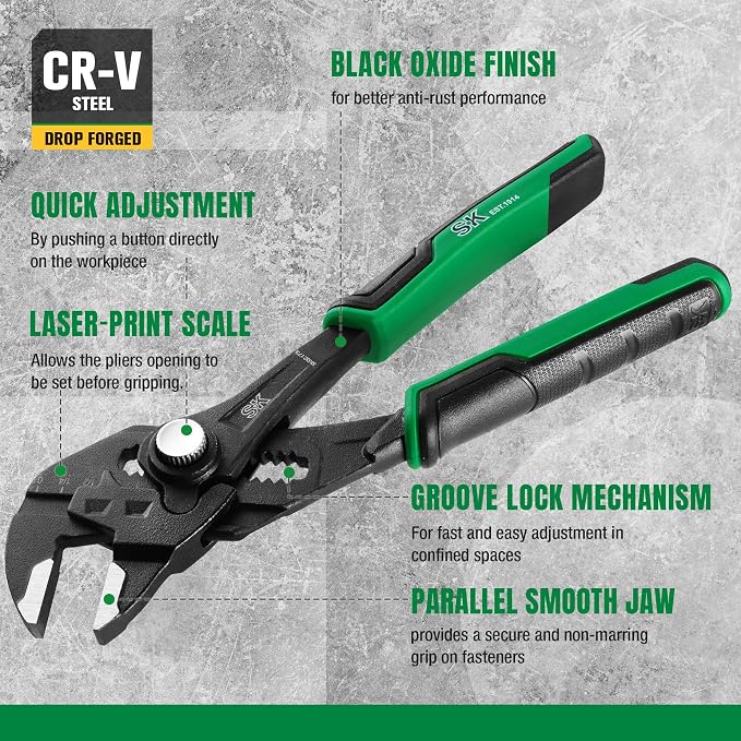 SK Pliers Wrench Set, Adjustable Parallel Smooth Jaw, 6-Inch & 7.5-Inch | 2-Piece Water Pump Pliers, Groove Joint Pliers, Premium CR-V Steel, Ergonomic Anti-slip Handle, with Pocket Tool Pouch