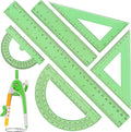 Zonon 1 Set Plastic Geometry Math Set 7 Pcs Includes 6'' / 4 '' Protractor, Drawing Compass, 45/60 Degree Triangle Rulers, 12'' / 6'' Math Ruler Transparent for Office Supplies(Green)