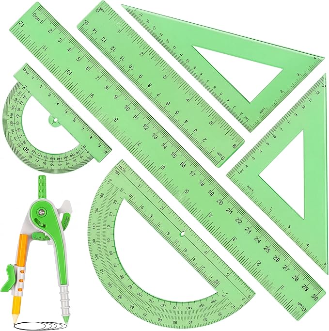 Zonon 1 Set Plastic Geometry Math Set 7 Pcs Includes 6'' / 4 '' Protractor, Drawing Compass, 45/60 Degree Triangle Rulers, 12'' / 6'' Math Ruler Transparent for Office Supplies(Green)