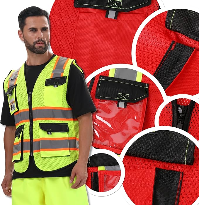 JKSafety Hi Vis Reflective Safety Vests for Men Women High Visibility Vest with Pockets Mesh Fabric Construction Safety Apparel Neon Vest for Work (220-Red XL)