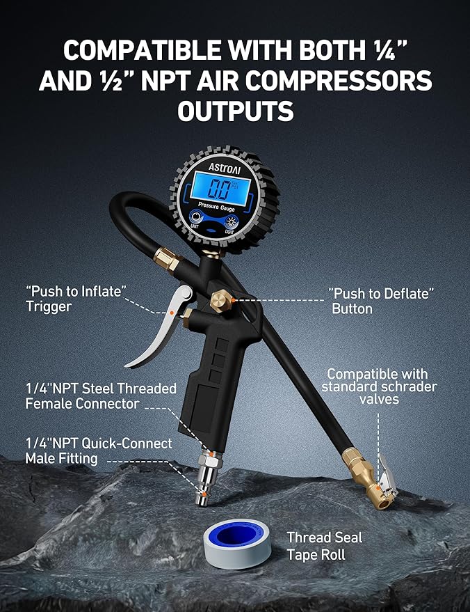 AstroAI Digital Tire Pressure Gauge with Inflator, 3-250 PSI Air Chuck & Compressor Accessories Heavy Duty with Quick Connect Coupler, 0.1 Display Resolution, 2pack
