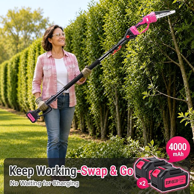 Pink 2-in-1 Cordless Pole Saw for Tree Trimming, 8-Inch Mini Chainsaw with Extension Pole, Battery Powered Tree Trimmer for Branches and Limbs, Adjustable Angle, Auto Oiler, 2× 4000mAh Batteries