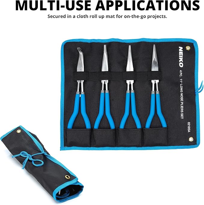 NEIKO 02105A (4) Long Nose Plier 11” Long Reach, Straight, Angle, Curved Pliers, 45 & 90 Degree, bent Head Needle Nose Pliers Set for Mechanics, Long Handle Pliers