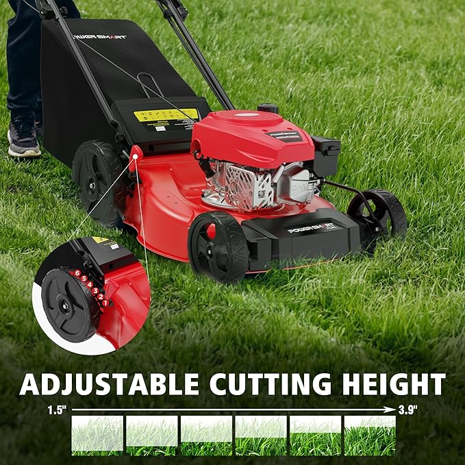 PowerSmart 21-Inch 3-in-1 Gas Self-Propelled Lawn Mower,170CC OHV Engine,Bagging/Mulching/Rear Discharging, 6 Cutting Heights, Durable Steel Deck, Rear-Wheel Drive, for Garden, Yard,