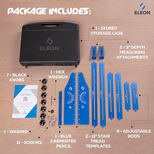ELEON Stair Tread Template Tool - Aluminum Alloy Jig for Accurately Measuring Angle, Length, & Depth, Stair Gauge - Compatible with Many Types of Layout Projects (Up to 56"), Comes with Sturdy Case