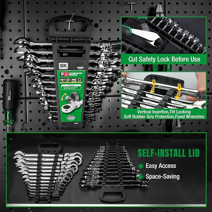 SK Flex Head Ratcheting Wrench Set, SAE 1/4'' to 1'', 13-Piece, 72-Tooth | Ratchet Wrenches Set, Combination Wrench Set, Chamfered Head Design, Premium CR-V Steel, Rack Organizer