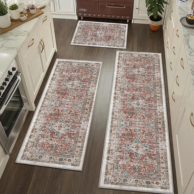 Color&Geometry Vintage Kitchen Rugs Sets of 3, Machine Washable 4mm Ultra Thin Stain Resistant Kitchen Floor Mats, Non Slip TPE Backing Runner for Sink,Hallway,Laundry,Entryway (2x3+2x5+2x7)