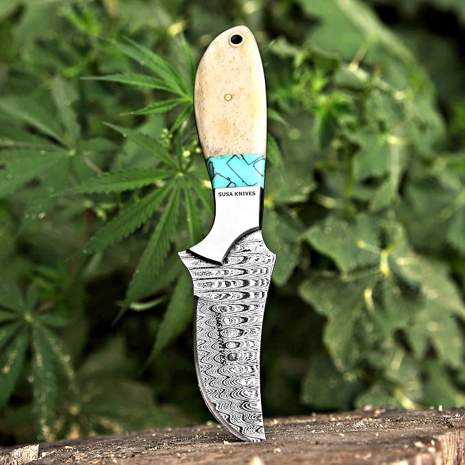 Custom Handmade 7'' fixed blade hoof rasp knife Cow boy knife Turquoise Handle Damascus steel Bull cutter, cowboy knives with pancake leather sheath (BONE)