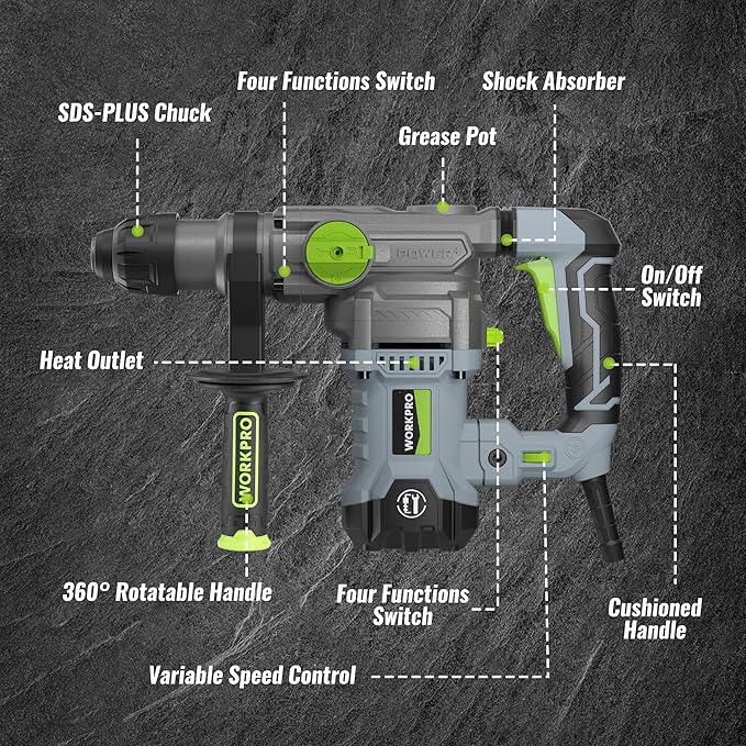 WORKPRO 1-1/4 Inch SDS-Plus Rotary Hammer Drill, 12.5AMP, Heavy Duty Corded Version for Concrete Demolition Chipping Rotomartillo, 5 SDS-Plus Bits