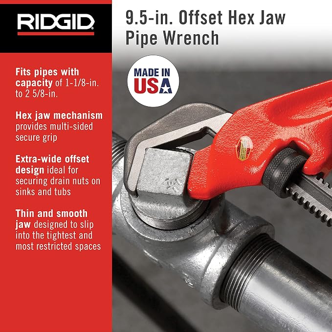 RIDGID 31305 Model E-110 9.5" Offset Hex Jaw Pipe Wrench, Red, Made in The USA