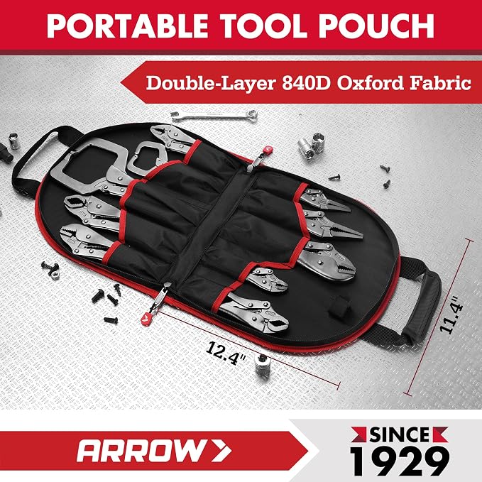 ARROW 10-piece Locking Pliers Set with Tool Bag, Chromium-Molybdenum Vice Grips, 5"/7" Curved Jaw, 6.5"/9.5" Long Nose, 7"/10" Straight Jaw, 7"/10" V-Jaw, 6"/11" C-Clamp Vise Grip Pliers