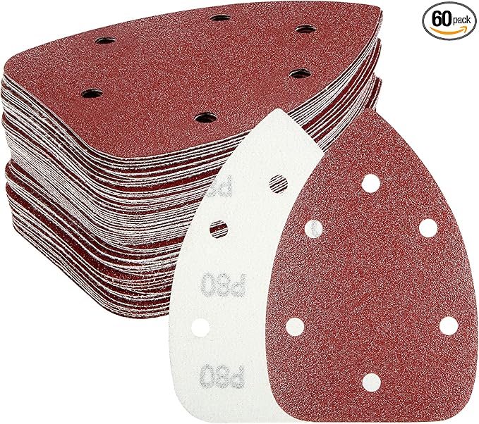 60PCS Triangular Sander Sandpaper, HYCHIKA Detail Sander Sandpaper Assorted 60/80/100/120/180/240 Grits with 6 Holes for Wood Sanding, Fit 3.92inch Qscillating Multi Tool Sander Machine