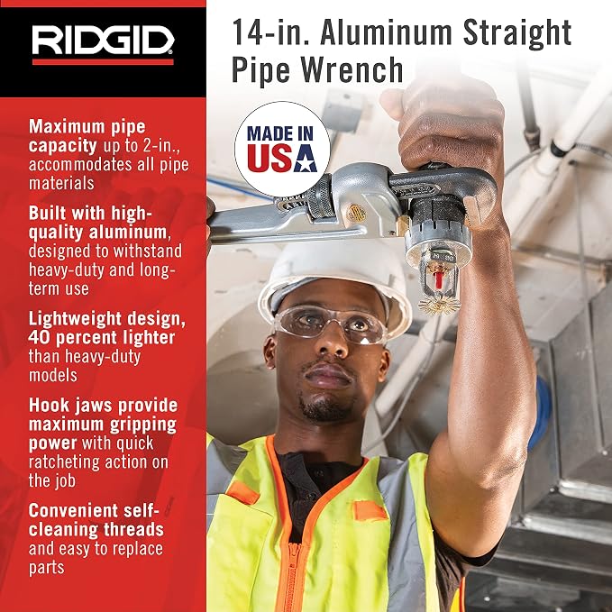 RIDGID 31095 Model 814 Aluminum Straight 14" Plumbing Pipe Wrench, Silver, Made in the USA