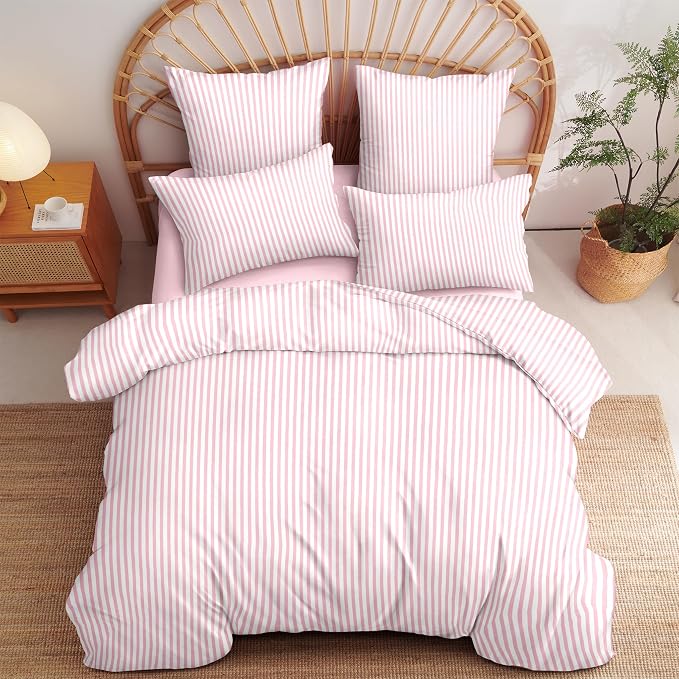 Sedefen Striped Duvet Cover Queen Size Pink Stripes Bedding Set 3 Pcs Kids Boys Girls Women White Geometric Stripe Reversible Soft Microfiber Duvet Cover with 2 Pillowcases