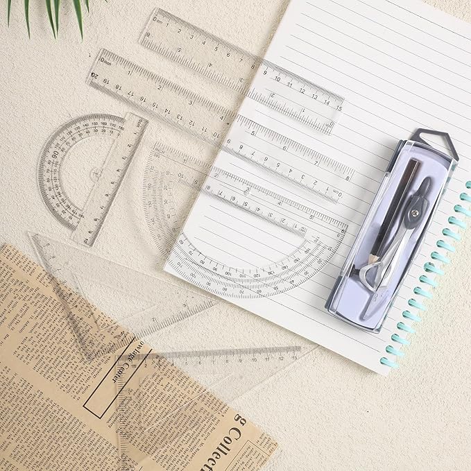 1 Set Plastic Geometry Math Set, Measuring Tool Includes Clear Ruler 12 Inch 6 Inch 6 and 3.8 Inches Protractor 45/60 Degree Triangle Rulers Compass for Office Drawing Drafting Engineering