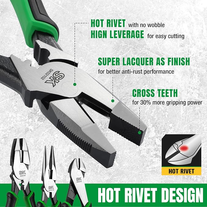 SK 5-Piece Pliers Set, Anti-slip Handle, with EVA Foam Tool Organizer | 8" Long Nose Pliers, 9.5" Linesman Pliers, 8" Slip Joint, 8" Diagonal Cutters, and 10" Water Pump Pliers