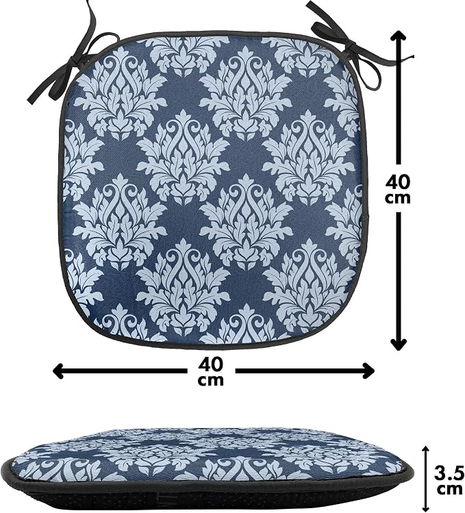 Lunarable Damask Blue Chair Seating Cushion Set of 2, Abstract Antique Royal Motif with Leaves and Swirls, Anti-Slip Seat Padding for Kitchen & Patio, 16"x16", Ceil Blue Violet Blue