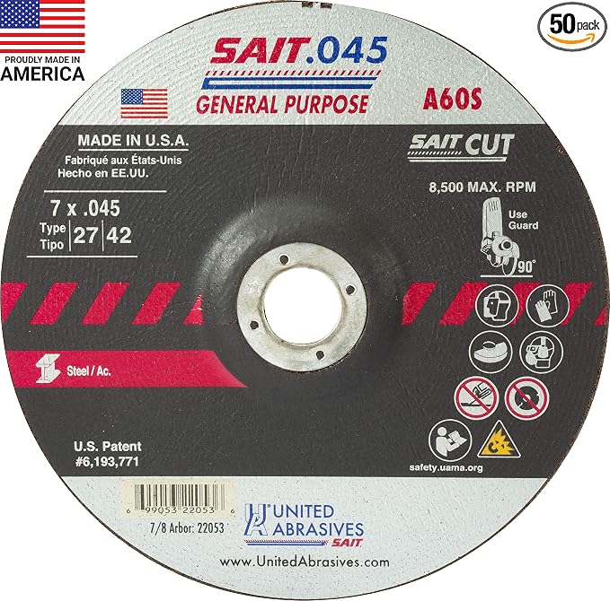 United Abrasives-SAIT 22053 A60S General Purpose Cut-Off Wheels (Type 27/Type 42 Depressed Center) 7" x .045" x 7/8", 50-Pack