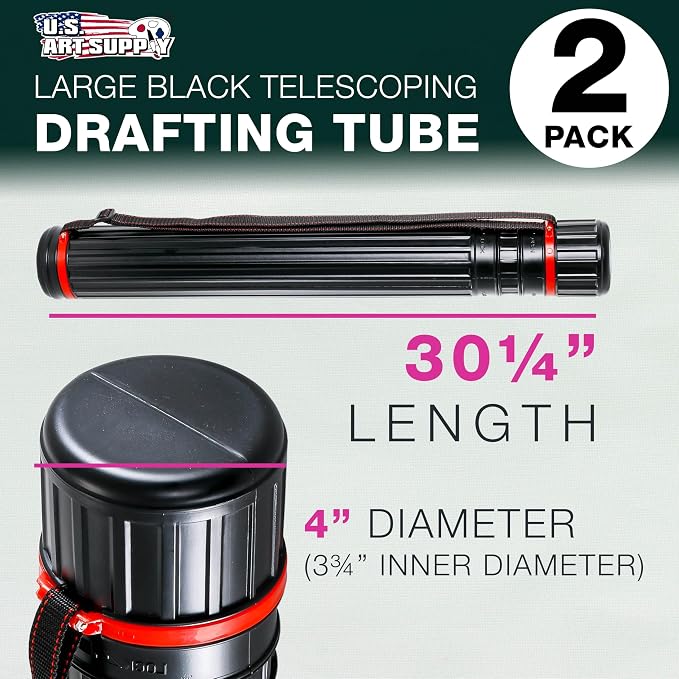 U.S. Art Supply Black Telescoping Drafting Tube (Pack of 2) - 4" Outside/3-3/4" Inside Diameter, Expands 30-1/4" to 52", Durable Protection with Shoulder Strap - Ideal for Posters, Blueprints, Art