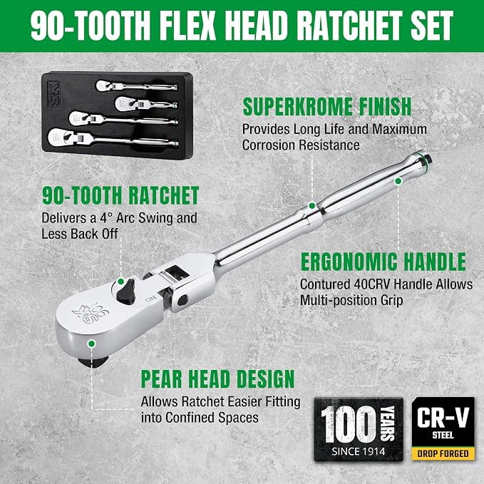 SK 4-Piece Flex Head Ratchet Set, 1/4", 3/8", 1/2" Drive, Swivel Ratchet | 90-Tooth, 3/8" Stubby Ratchet, Premium CR-V Steel, Reversible Design, with Contoured Handle