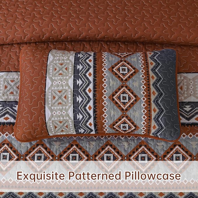 WONGS BEDDING 3 Pieces Quilt Set Queen Size, Burnt Orange Quilt Bedspread Lightweight Bohemian Coverlet Set with 2 Pillowcase, Soft Geometry Printed Bedding Set Queen for All Season 96"×90"