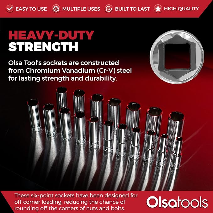 Olsa Tools 1/2-Inch Drive SAE Deep Socket Set - 18pc | 6-Point Chrome Vanadium Sockets, 10mm–27mm, No Skipped Sizes - Professional-Grade SAE Socket Sets - Part: 1325