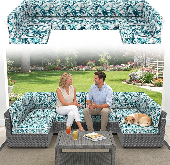 14 Piece Outdoor Furniture Replacement Cushions, Cover+Filling, 25.6" x 25.6" x 4" Foam Waterproof Outdoor Sofa Cushion Sets, Fit Wicker Rattan Sectional Conversation Set,Leaves