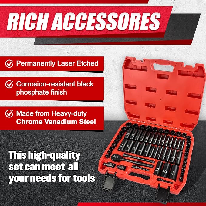 EACELIY 64pcs 3/8" Socket Set,Drive Impact Socket Set, SAE/Metric, Deep & Shallow, Cr-V Steel, 6 Point with Adapters, 72T Ratchet Handle, Extension Bars，Bit Adapter，6-24mm，5/16-1 inch
