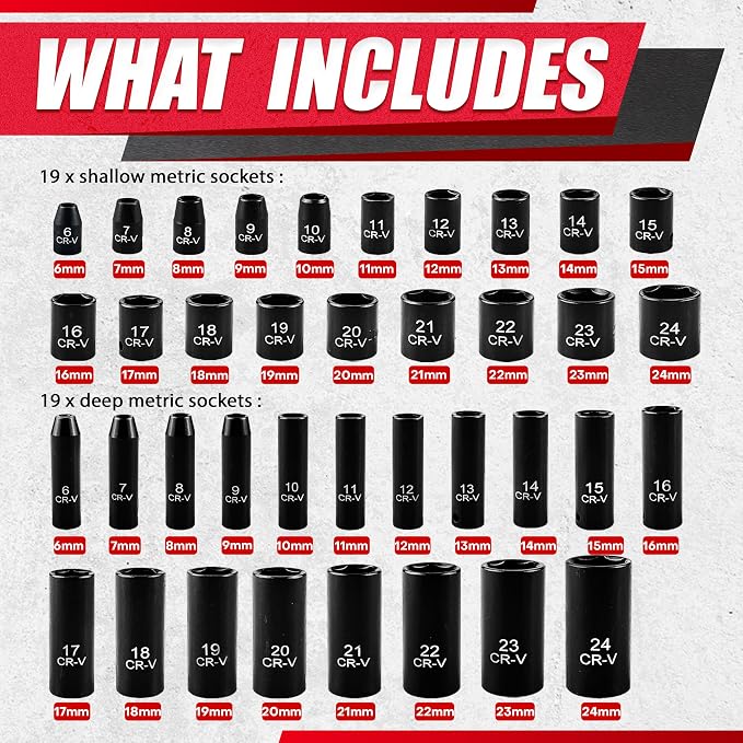 EACELIY 64pcs 3/8" Socket Set,Drive Impact Socket Set, SAE/Metric, Deep & Shallow, Cr-V Steel, 6 Point with Adapters, 72T Ratchet Handle, Extension Bars，Bit Adapter，6-24mm，5/16-1 inch