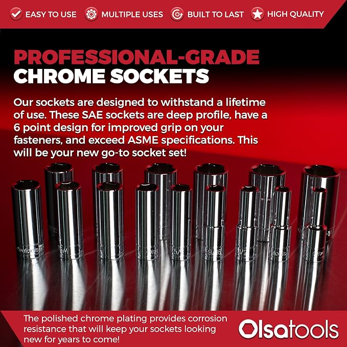 Olsa Tools 1/2-Inch Drive SAE Deep Socket Set - 18pc | 6-Point Chrome Vanadium Sockets, 3/8" to 1-1/4", No Skipped Sizes - Professional-Grade SAE Socket Sets - Part: 1319