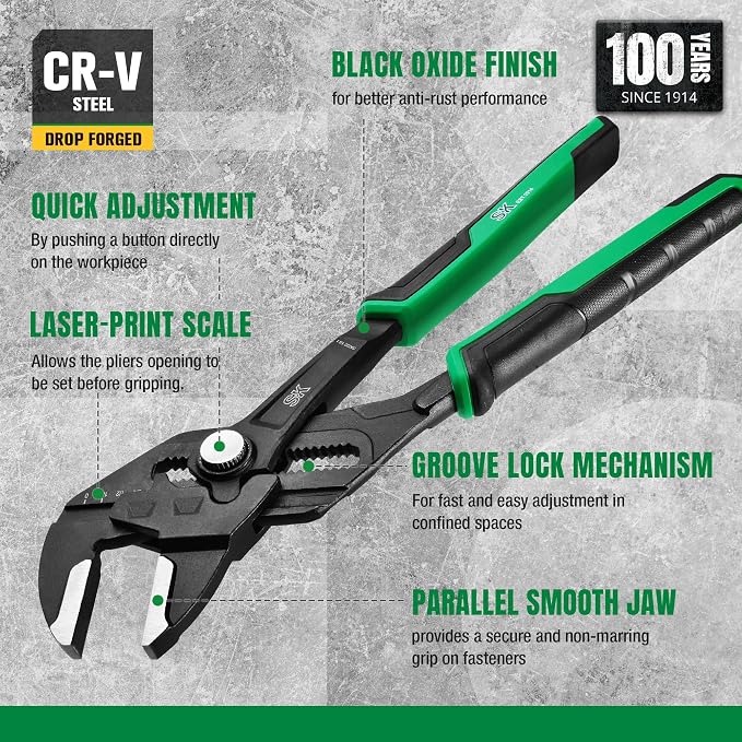 SK 12" Pliers Wrench, Smooth Parallel Jaw Water Pump Pliers, CR-V Steel | Groove Joint Pliers, Adajustable 21 Positions Up to 2-1/2" Jaw Capacity, Ergonomic Anti-slip Handle for Comfortable Grip