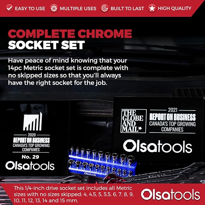 Olsa Tools 1/4-Inch Drive SAE Deep Socket Set - 14pc | 6-Point Chrome Vanadium Sockets, 4mm–15mm, No Skipped Sizes - Professional-Grade SAE Socket Sets - Part: 1328