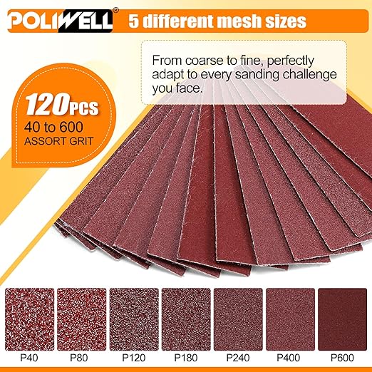 POLIWELL Micro Sanding Tools 3.5” x 1” Detail Sander for Small Projects, Mini Handle Sander Kit+ Sandpaper 40 80 120 180 240 400 600 Grit for Crafts Wood Finishing Tight Narrow Spaces, 120 PCS